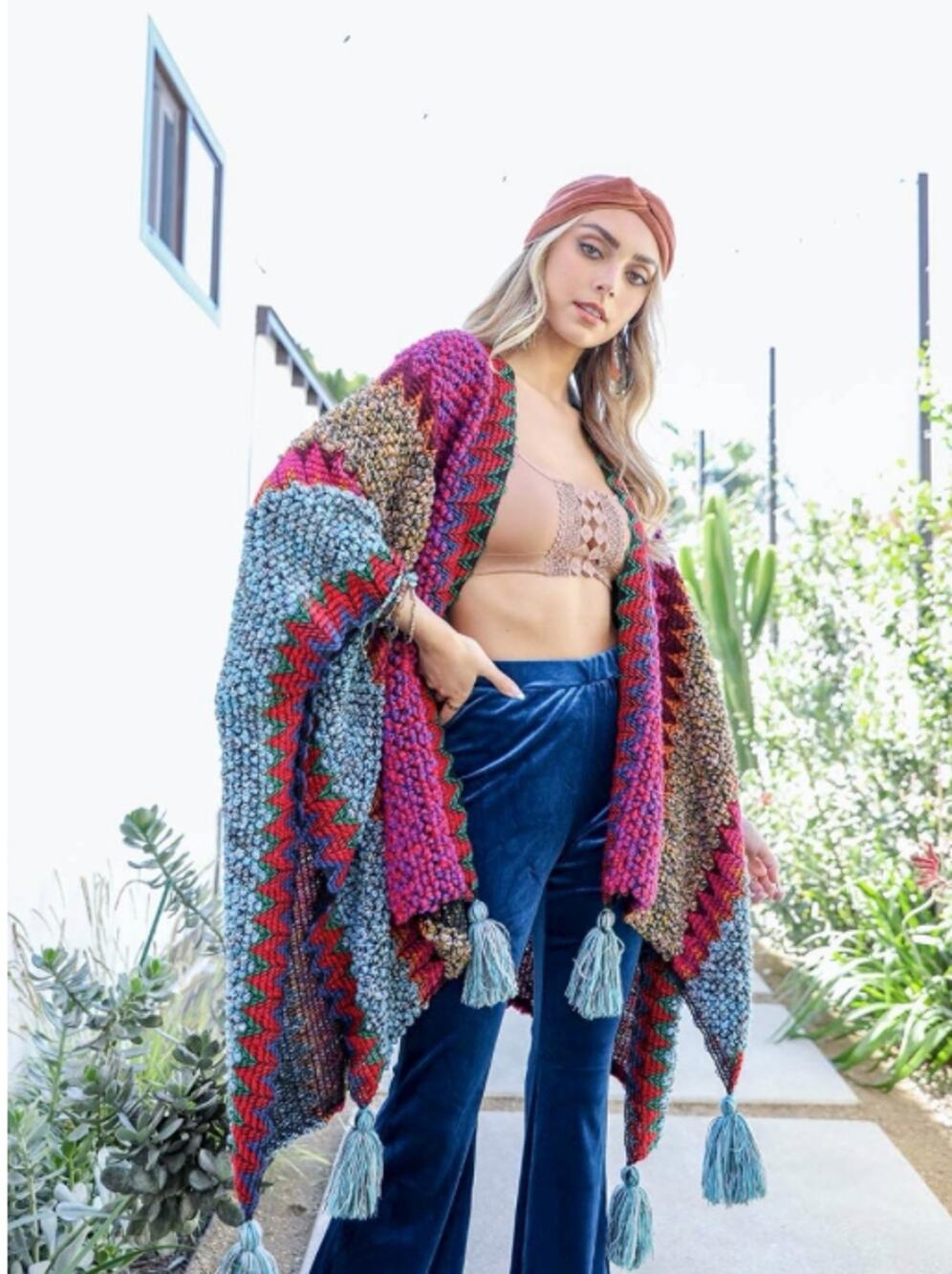 New!!! Leto Colorful Crochet Patterned Ruana Poncho Cozy Wrap Magenta OS